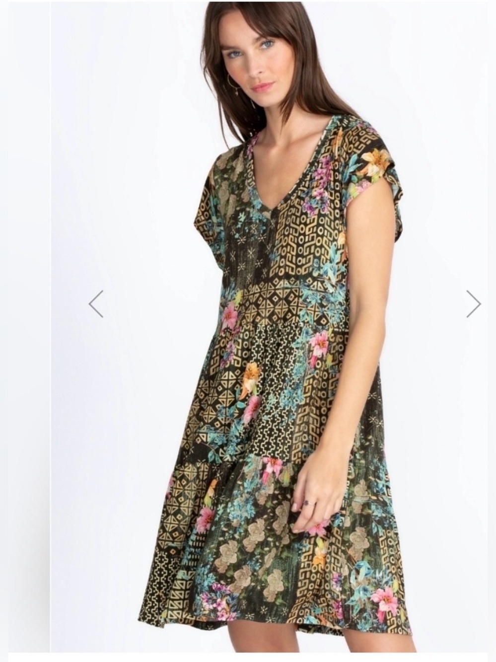 Johnny Was Weller Tiered Hem V-neck Mini Dress Sz L Bamboo